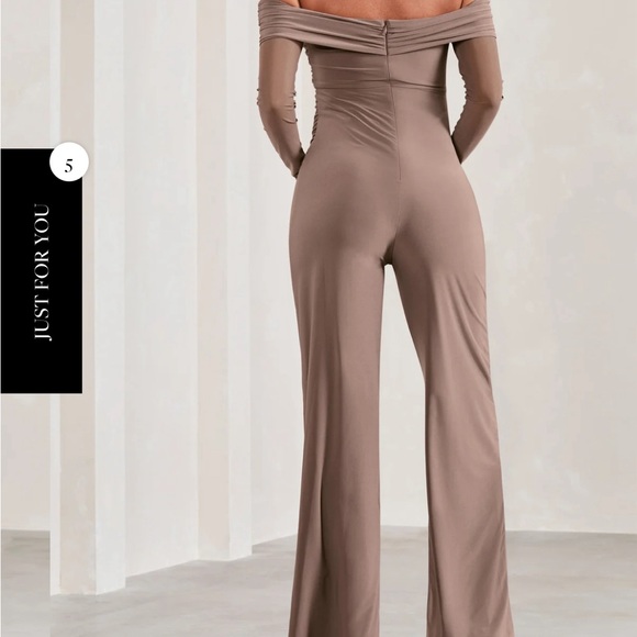 Kyla | Mocha Ruched Bardot Long-Sleeved Wide-Leg Maternity Jumpsuit - Picture 4 of 4